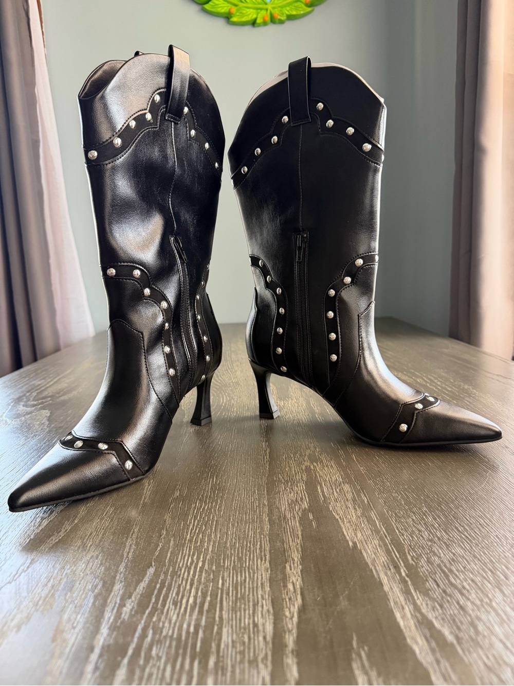 Women's Black Stud-Trim Pointed-Toe Heeled Cowboy Boots